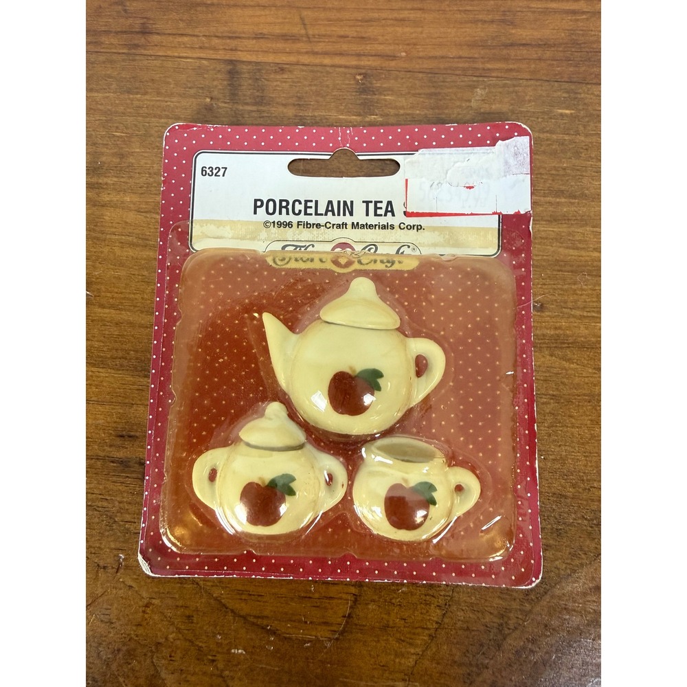 Vintage 1996 Fibre-Craft Miniature Porcelain Tea Set Apple Motif 6327 3pc New